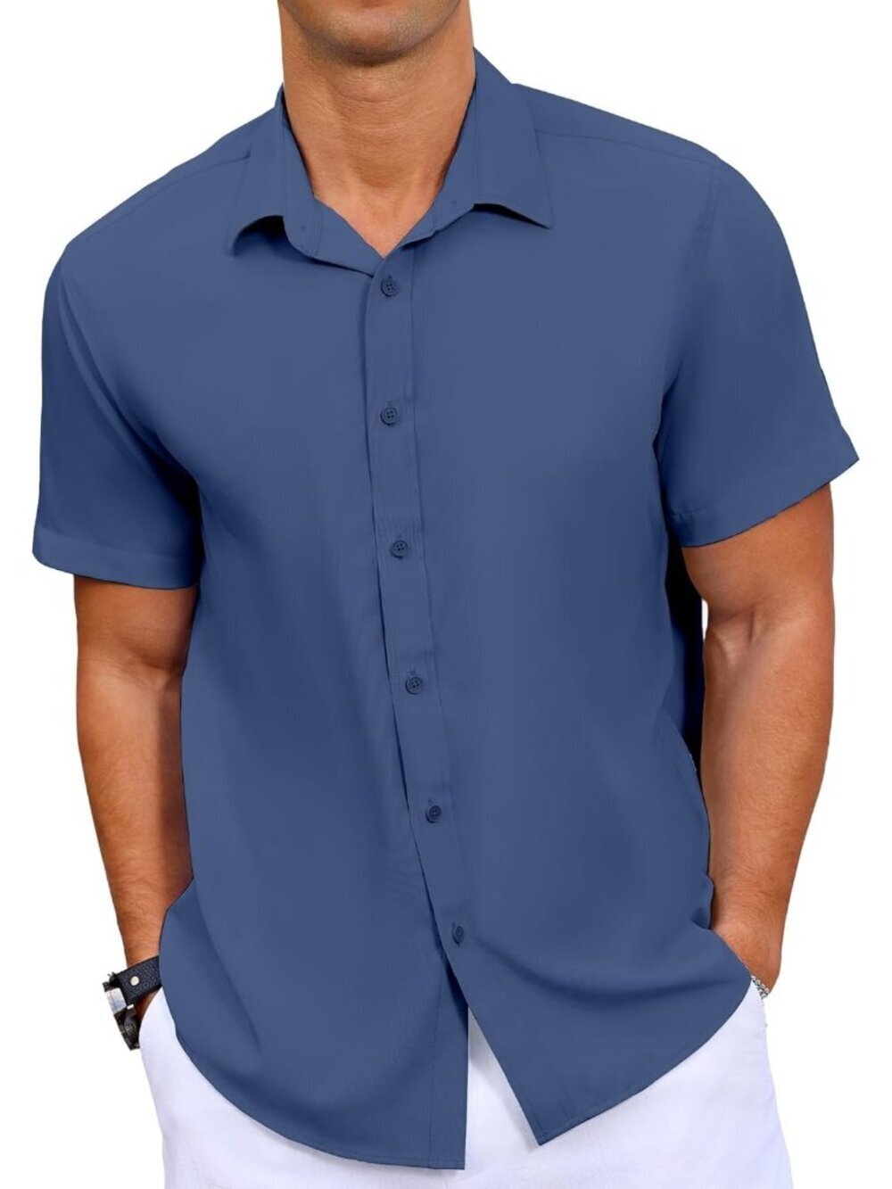 Men's Captain Blue Button Down Short Sleeve Summer Wedding Untucked Shirt